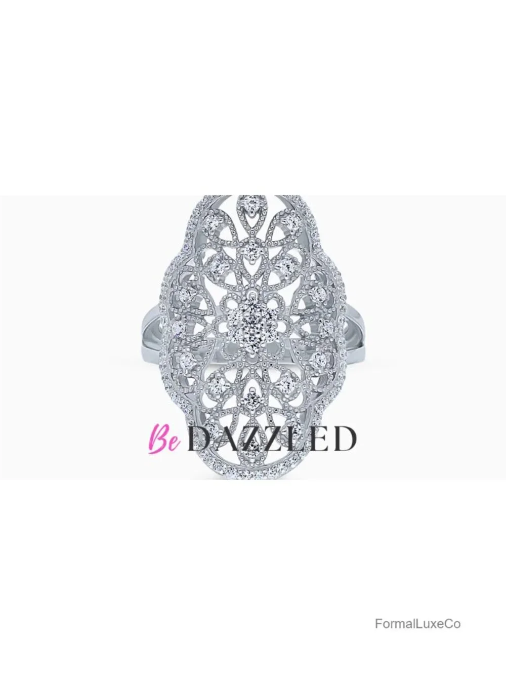 Sterling Silver Flower Navette Art Deco Filigree Statement Cocktail Ring Cubic